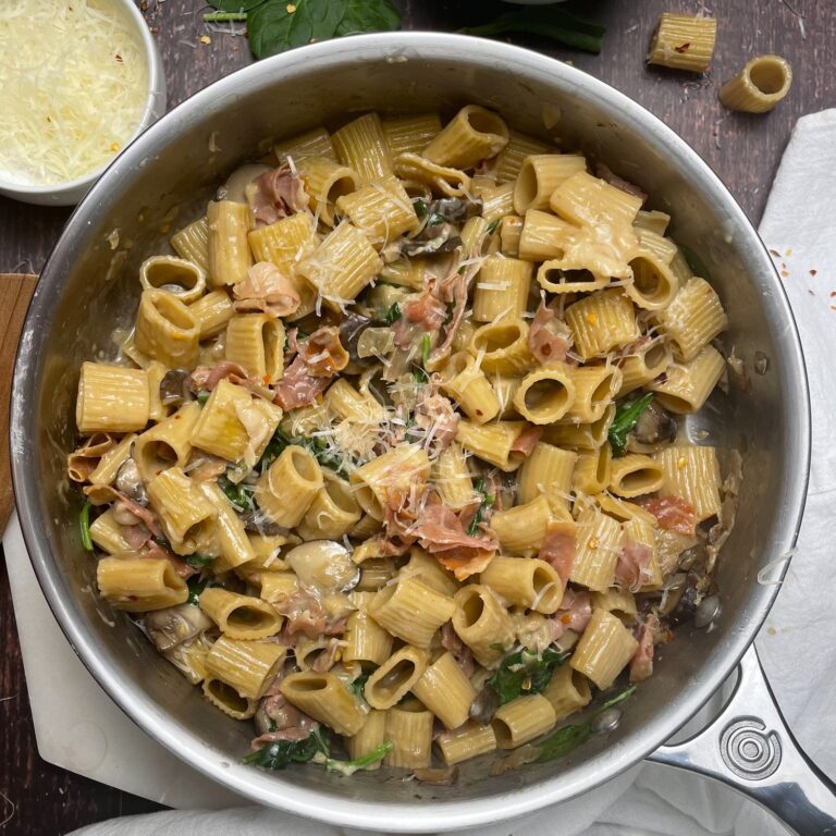 mushroom spinach proscuitto rigatoni in skillet