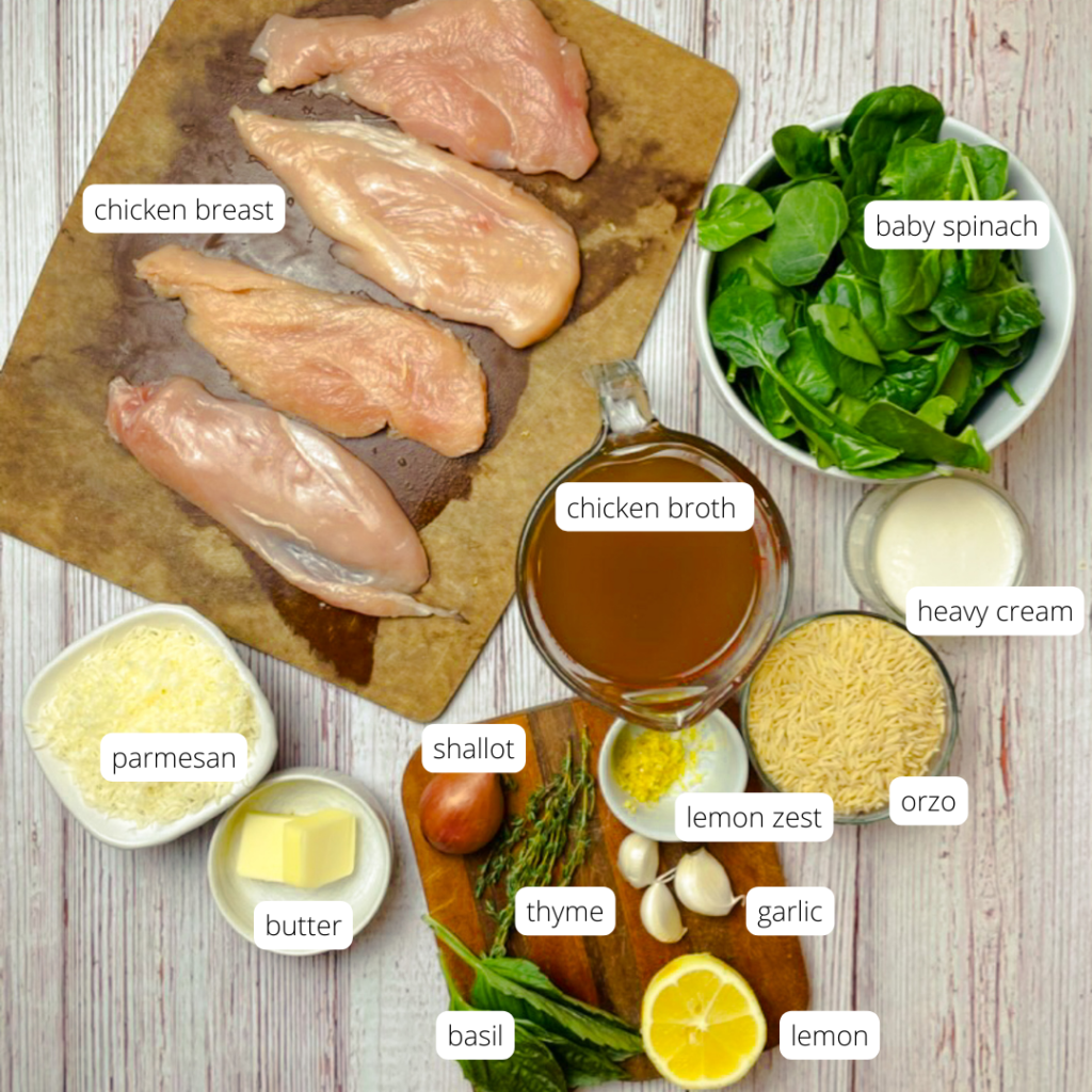 ingredients for one pot lemon chicken orzo laid on a white wooden table