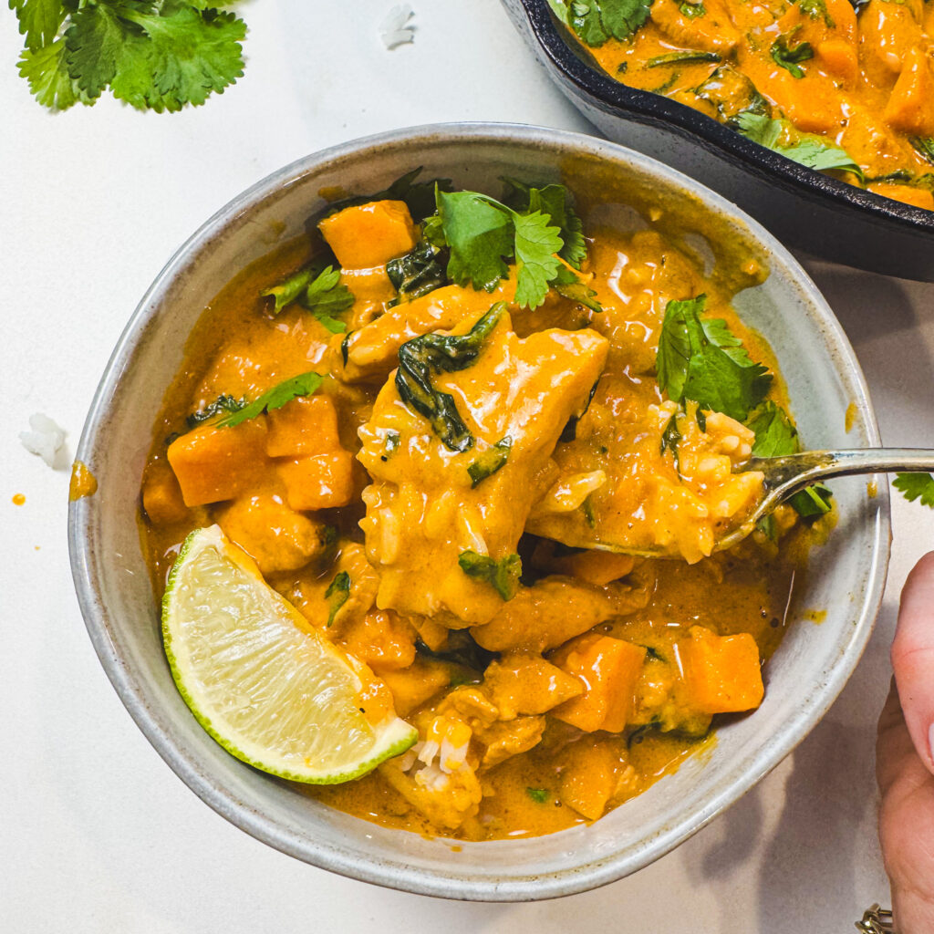 Close-up of peanut chicken curry on a spoon showing creamy sauce, chicken, sweet potatoes, and fresh herbs.
