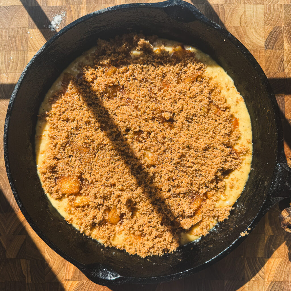 Brown sugar layer: Brown sugar cinnamon topping layered over apples and cake batter in a cast iron skillet.