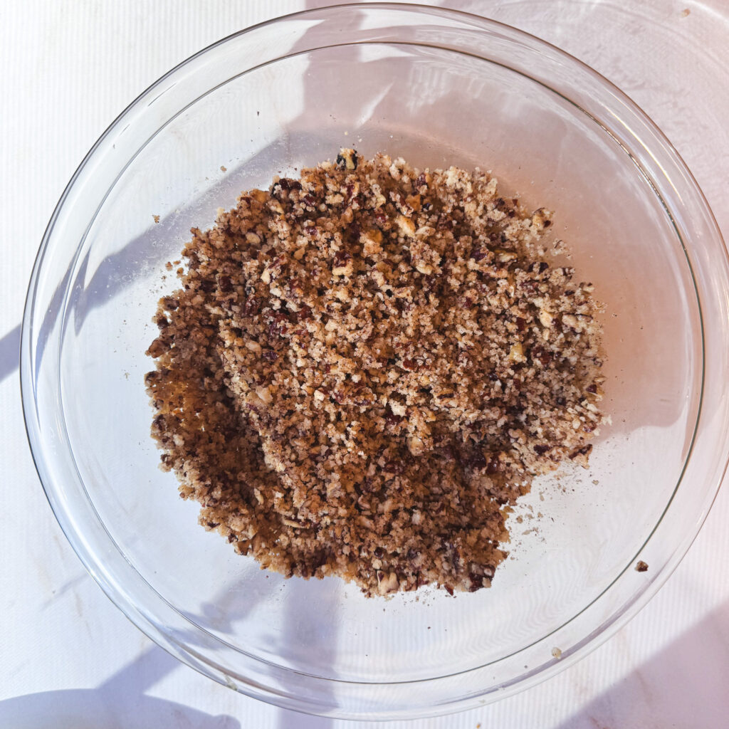 Pecan and panko breadcrumb mixture tossed with melted butter and olive oil.